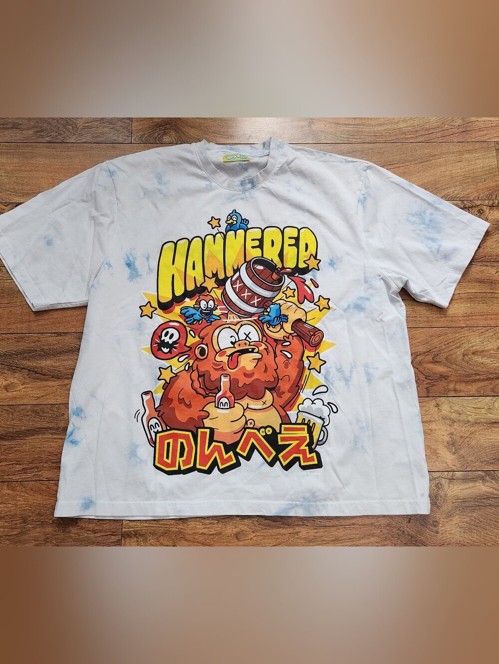Cool Shirtz Hammered Cartoon Graphic Tee - White with Blue Tie-Dye, Size XXL